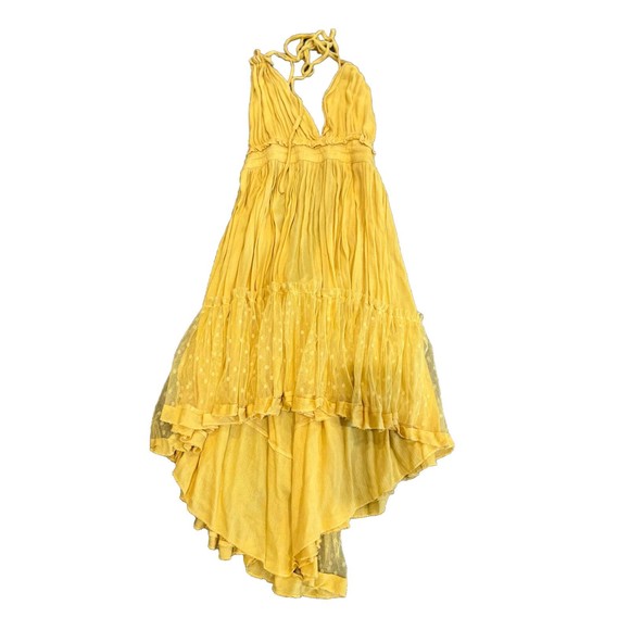 R.Vivimos Small Mustard Boho Halter  Backless Lace Polkadot Dip Hem Mini Dress - Picture 6 of 9